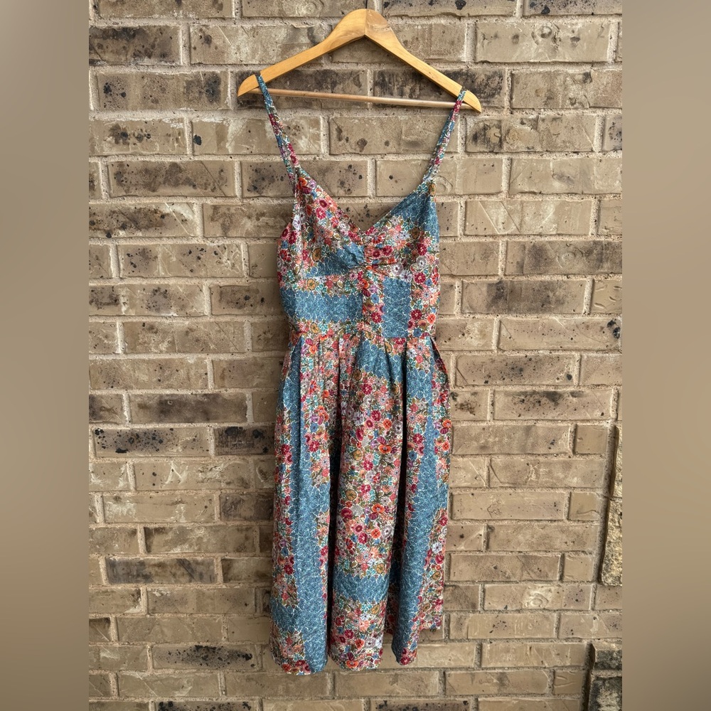 Anthropologie Burning Torch Floral Blue Tiered Midi Silk Dress Size Small